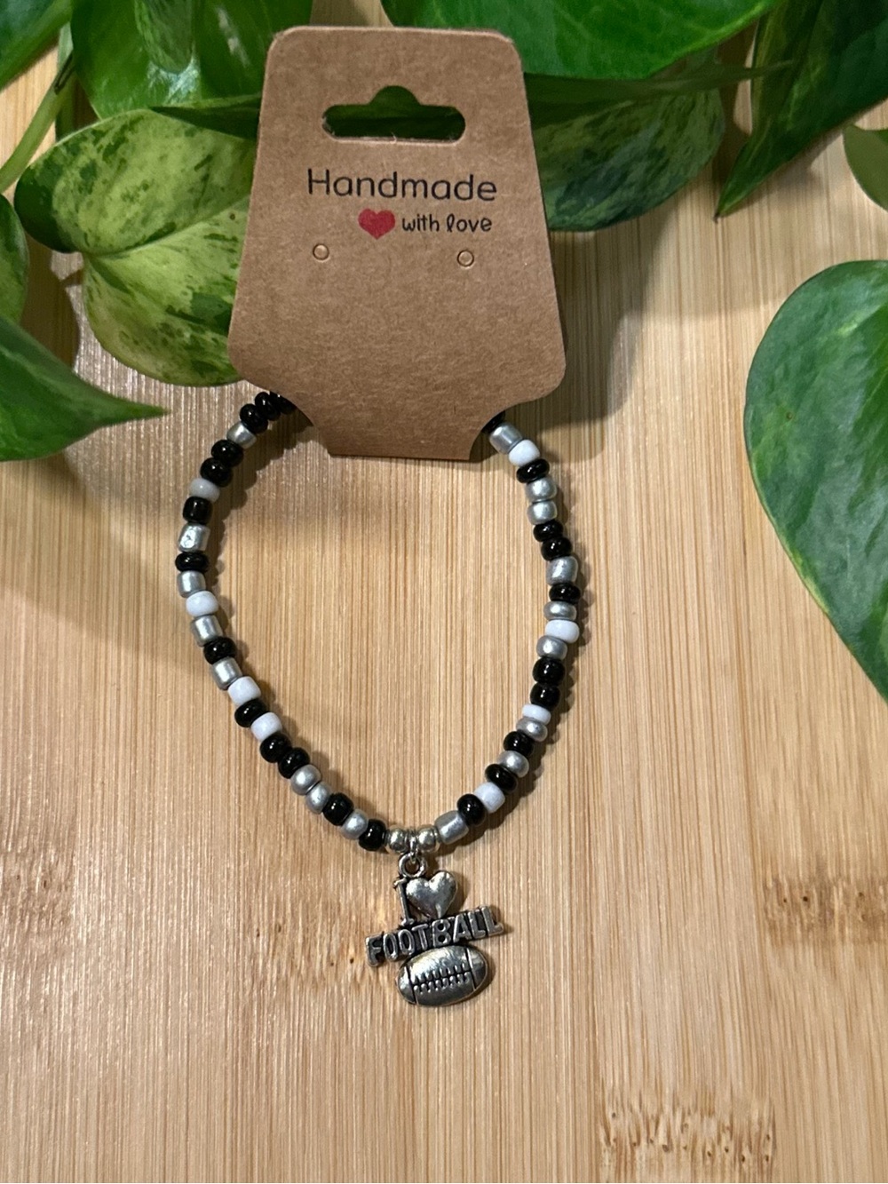 🏈✨ Football Stretchy Beaded Bracelet |‎ Handmade | Silver Football Dangle Charm
